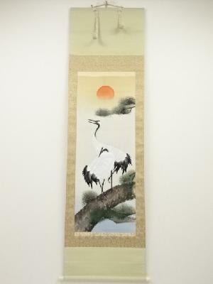 澄庵筆　松上双鶴　肉筆絹本掛軸（保護箱）